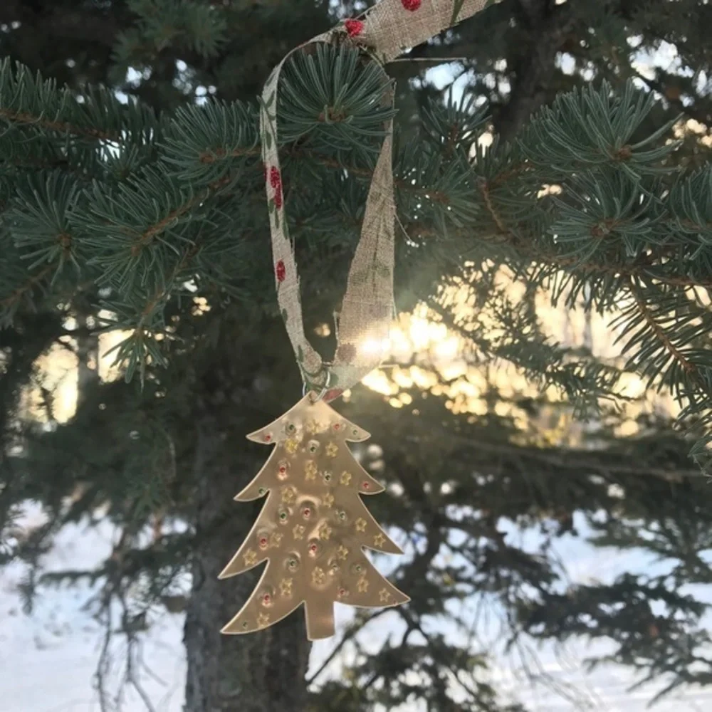 Handmade stamped gold tone brass tree holiday a Christmas‎ ornament